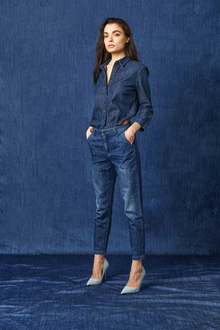 Panta CAROL_2 vita media chino slim fit denim blu