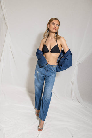 Jeans CARLA_212 Vita Media con Catene Logo più Rotture 5 Ts Baggy Fit Denim