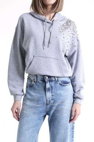 Felpa JOLIE maniche lunghe con arricciatura più cappuccio con coulisse più applicazioni pietre più tasca marsupio