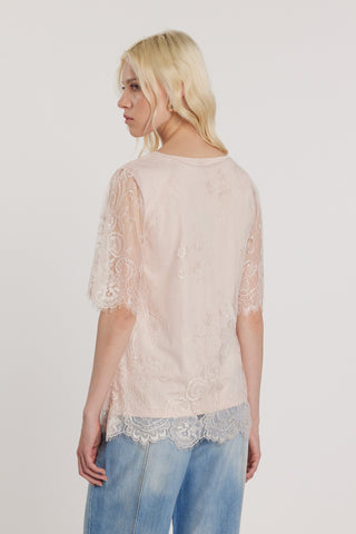 T-Shirt MASCARA maniche corte con inserti pizzo più stampa più strass