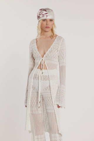 Cardigan MALIK lungo maniche lunghe con laccetto lavorazione uncinetto