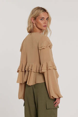 Blusa URSULAS maniche lunghe palloncino con rouches scollo a V con balze