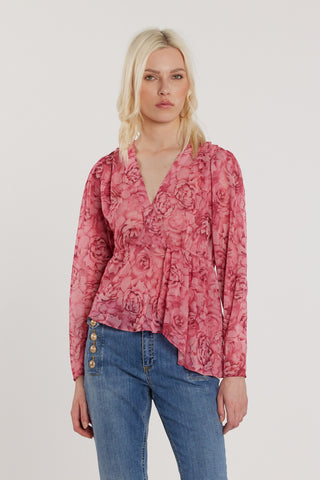 Blusa CARHOL maniche lunghe con pieghe scollo incrocio più pannello fantasia rose