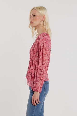 Blusa CARHOL maniche lunghe con pieghe scollo incrocio più pannello fantasia rose