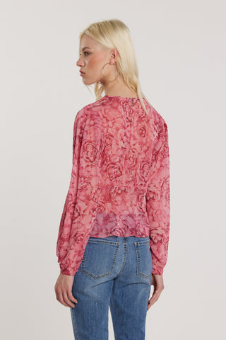 Blusa CARHOL maniche lunghe con pieghe scollo incrocio più pannello fantasia rose
