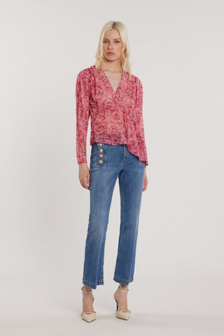Blusa CARHOL maniche lunghe con pieghe scollo incrocio più pannello fantasia rose