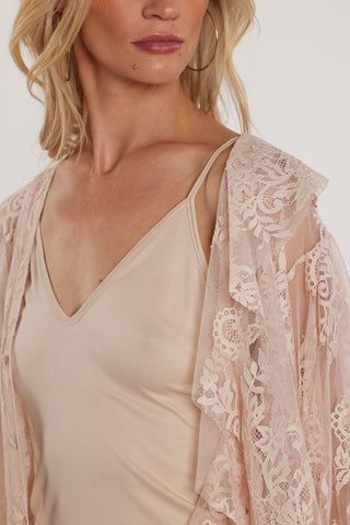 Camicia ZENN maniche lunghe con coulisse scollo a V più volant pizzo