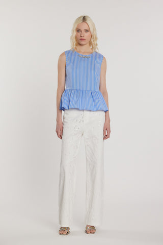 Blusa MERIL smanicata con apertura più fiocchi sulla schiena più applicazioni gioiello più balza fondo righe