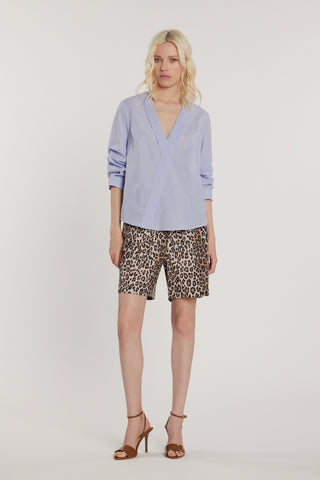 Blusa CLERYS maniche tre quarti effetto arricciato scollo incrocio con risvolto righe