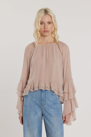 Blusa COLUCHE maniche lunghe a campana con rouches più goccia più laccetto sulla schiena più balze