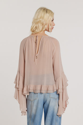 Blusa COLUCHE maniche lunghe a campana con rouches più goccia più laccetto sulla schiena più balze
