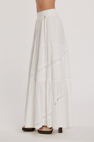 Gonna NELOPE lunga vita alta con elastico più balze più inserti pizzo