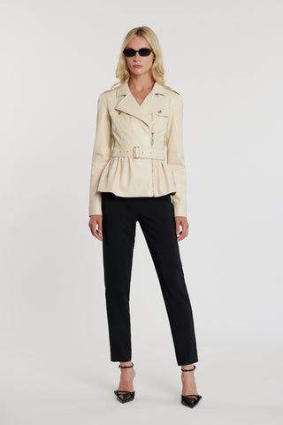 Giubbino TAYLOR maniche lunghe chiodo con zip più cintura più balza sul fondo ecopelle