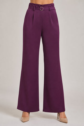 Pantalone FONDJA vita alta svasato con passanti più cintura raso