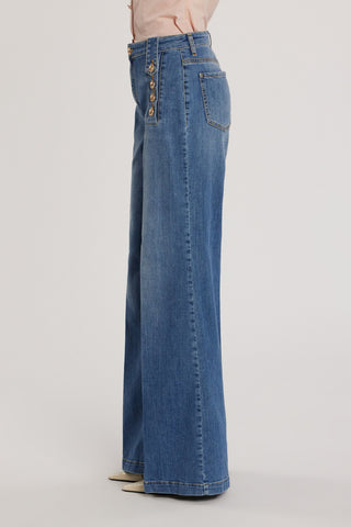 Pantalone PALENCIA_B vita alta palazzo con passanti a punta più dettagli bottoni denim