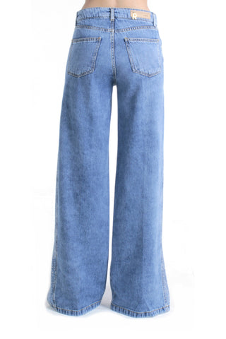 Pantalone ELLESPACK_20 vita media con applicazioni strass più spacchi laterali straight fit denim blu