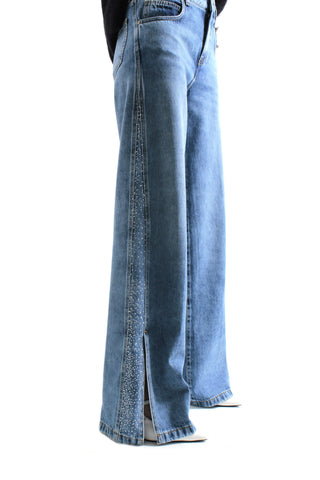 Pantalone ELLESPACK_20 vita media con applicazioni strass più spacchi laterali straight fit denim blu