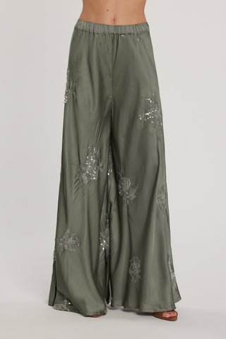 Tuta BELLYSA con top più Pantalone vita alta palazzo raso più ricamo fiori paillettes