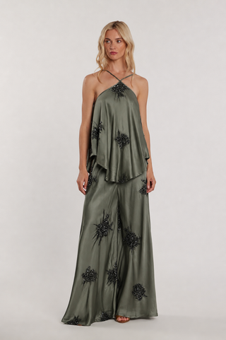 Tuta BELLYSA con top più Pantalone vita alta palazzo raso più ricamo fiori paillettes