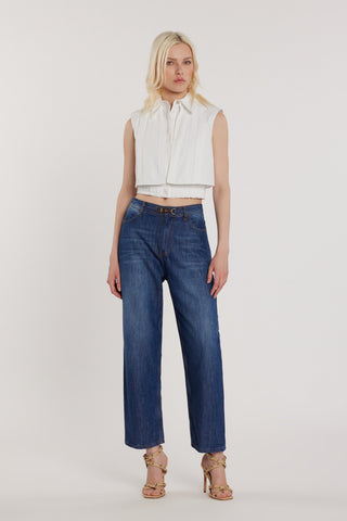 Pantalone CARLA_241 vita media cinque tasche con cintura alamaro baggy fit denim blu