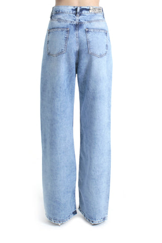 Pantalone GISELLE_23 vita media cinque tasche con applicazioni strass loose fit denim blu