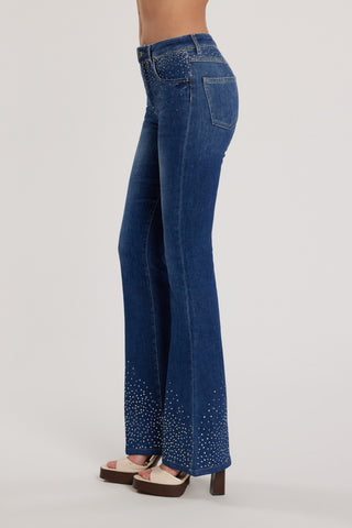 Pantalone SCHIFFER_211 vita media cinque tasche con applicazioni strass busto più fondo flaire fit denim blu