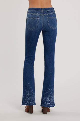 Pantalone SCHIFFER_211 vita media cinque tasche con applicazioni strass busto più fondo flaire fit denim blu