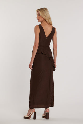 Abito LANE lungo smanicato doppio scollo a V con pieghe più arricci più rouches