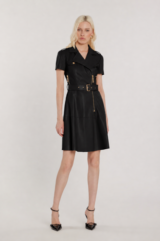 Abito GRACELLE midi maniche lunghe effetto chiodo con zip più cintura con gonna a campana ecopelle