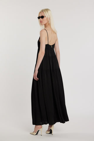 Abito MANNYS lungo smanicato con arricci più balze in raso