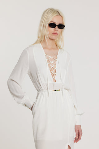 Abito MARTINEZ midi maniche lunghe con stringhe scollo più elastico più cintura più spacco