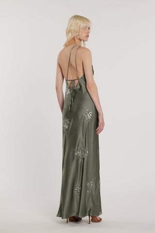 Abito ARCAJA lungo monospalla più stringhe dietro con ricamo fiori paillettes