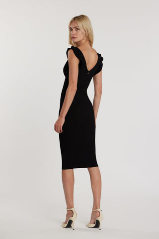 Abito CLAIR midi smanicato con rouches doppio scollo a V costina