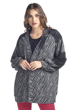 Cardigan in felpa con pizzo stampa animalier, relish fashion moda, abbigliamento femminile
