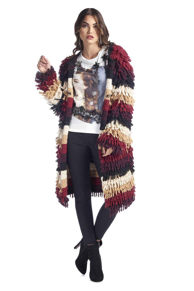 Cardigan lungo con punto pelliccia e righe color, relish fashion moda, abbigliamento femminile