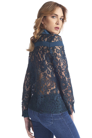 Camicia in full pizzo con profili in raso e tasche in georgette, relish fashion moda, abbigliamento femminile