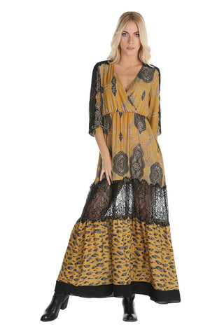 Abito lungo con stampa e pizzo manica, relish fashion moda, abbigliamento femminile