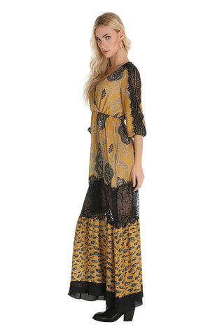 Abito lungo con stampa e pizzo manica, relish fashion moda, abbigliamento femminile