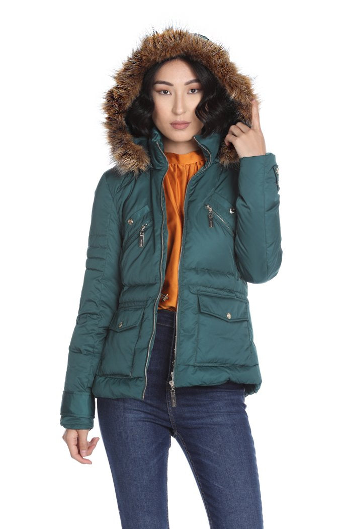 Piumino GATAS manica lunga con tasche più cappuccio staccabile più bordo ecopelliccia più coulisse