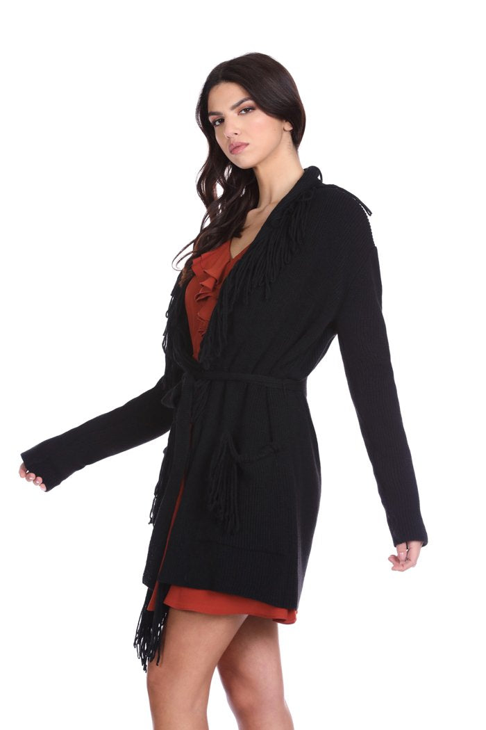 Cardigan WUNTER lungo manica lunga con frange più tasche più Cintura