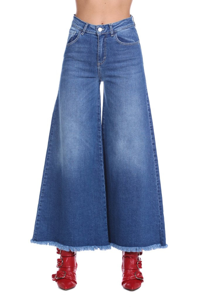 Jeans KONSER vita alta gamba ampia sfrangiato 5tasche denim