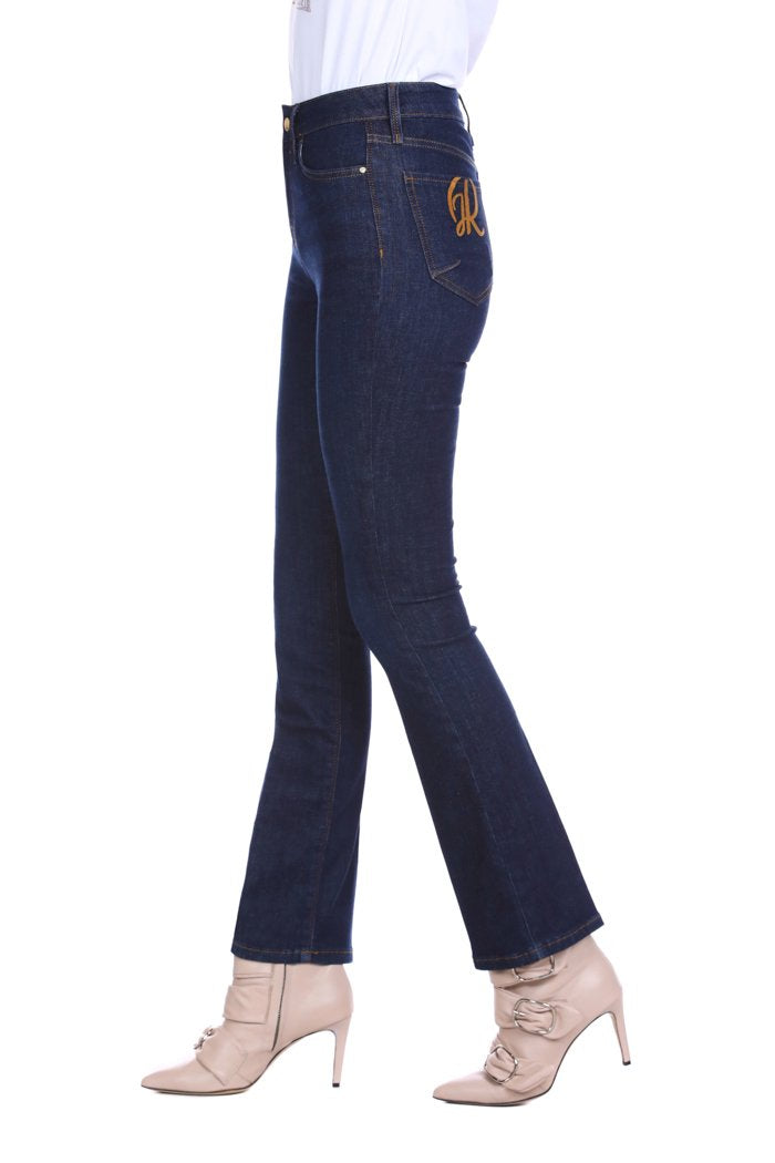 Jeans STARF vita alta 5 tasche più ricamo logo denim scuro