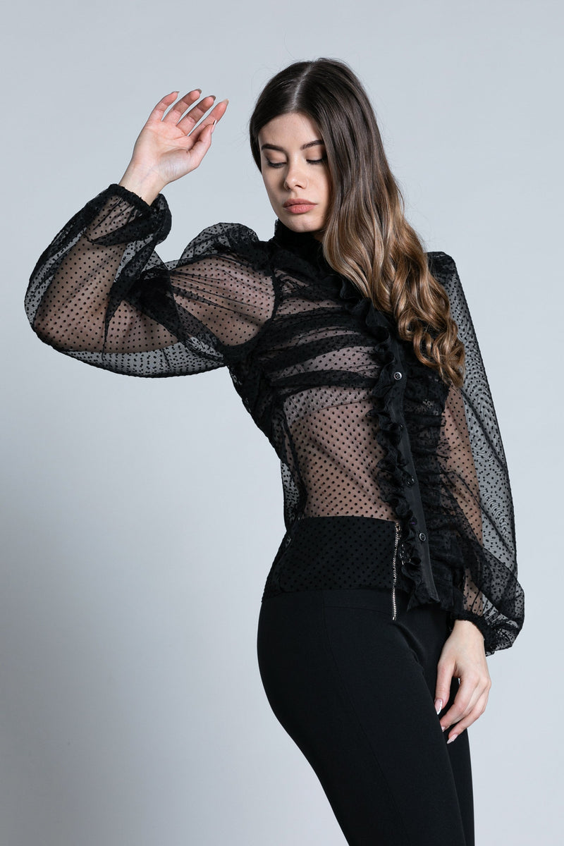 Camicia DELIT manica lunga palloncino con arricci più pieghe più rouches tulle plumetis