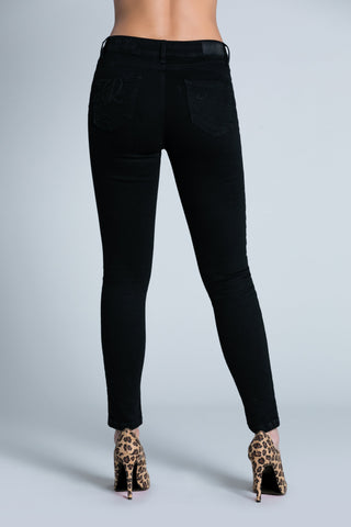 Jeans FLOORA_B push-up 5 ts con ricamo logo con abrasioni cint. black denim