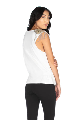 Canotta scollo a v con borchie più patch perline con strass con stampa più arricci, Relish Fashion Moda, Primavera Estate 2020, Abbigliamento donna