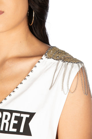 Canotta scollo a v con borchie più patch perline con strass con stampa più arricci, Relish Fashion Moda, Primavera Estate 2020, Abbigliamento donna