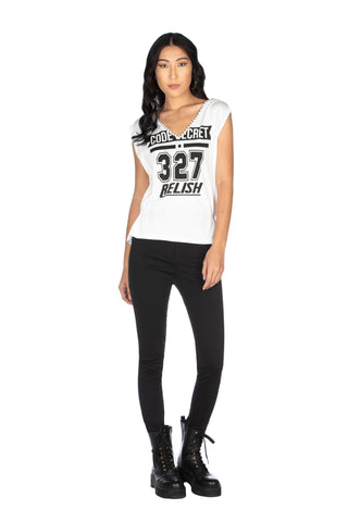 Canotta scollo a v con borchie più patch perline con strass con stampa più arricci, Relish Fashion Moda, Primavera Estate 2020, Abbigliamento donna