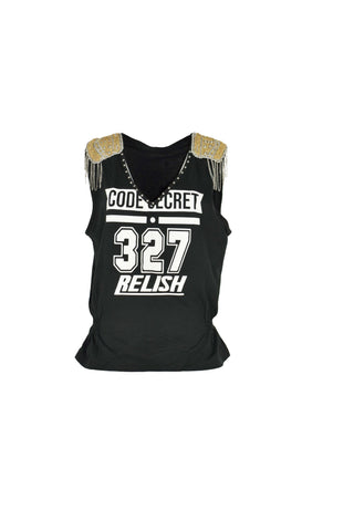 Canotta ZORIGHEZ scollo a v con borchie più patch perline con strass con stampa più arricci