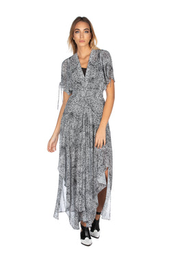 Abito lungo mezza manica con arricci spalle più p.smok più fant.maculata asimmetrico, Relish Fashion Moda, Primavera Estate 2020, Abbigliamento donna