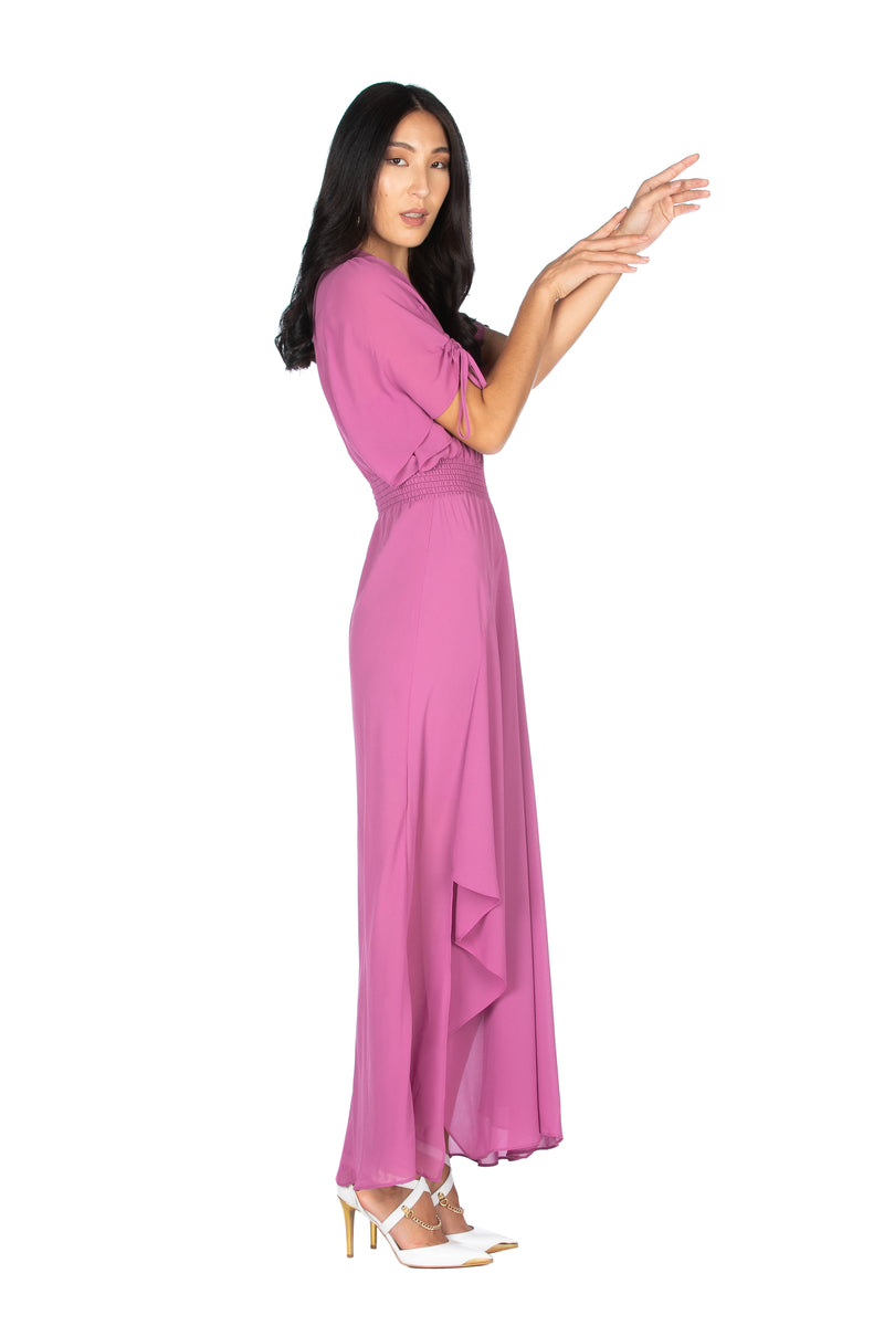 Abito lungo mezza manica con arricci spalle più punto smok asimmetrico, Relish Fashion Moda, Primavera Estate 2020, Abbigliamento donna